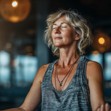 Літня жінка практикує йогу на природі