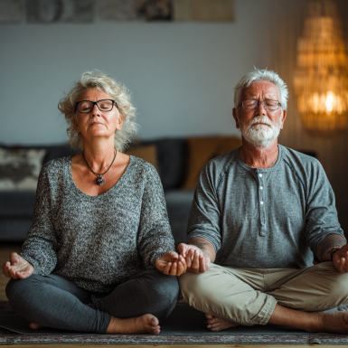 Група літніх людей практикує йогу в студії